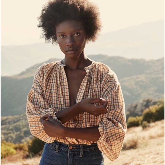 DOEN The Jane Blouse Orange Meringue Plaid Print S - Picture 8 of 9